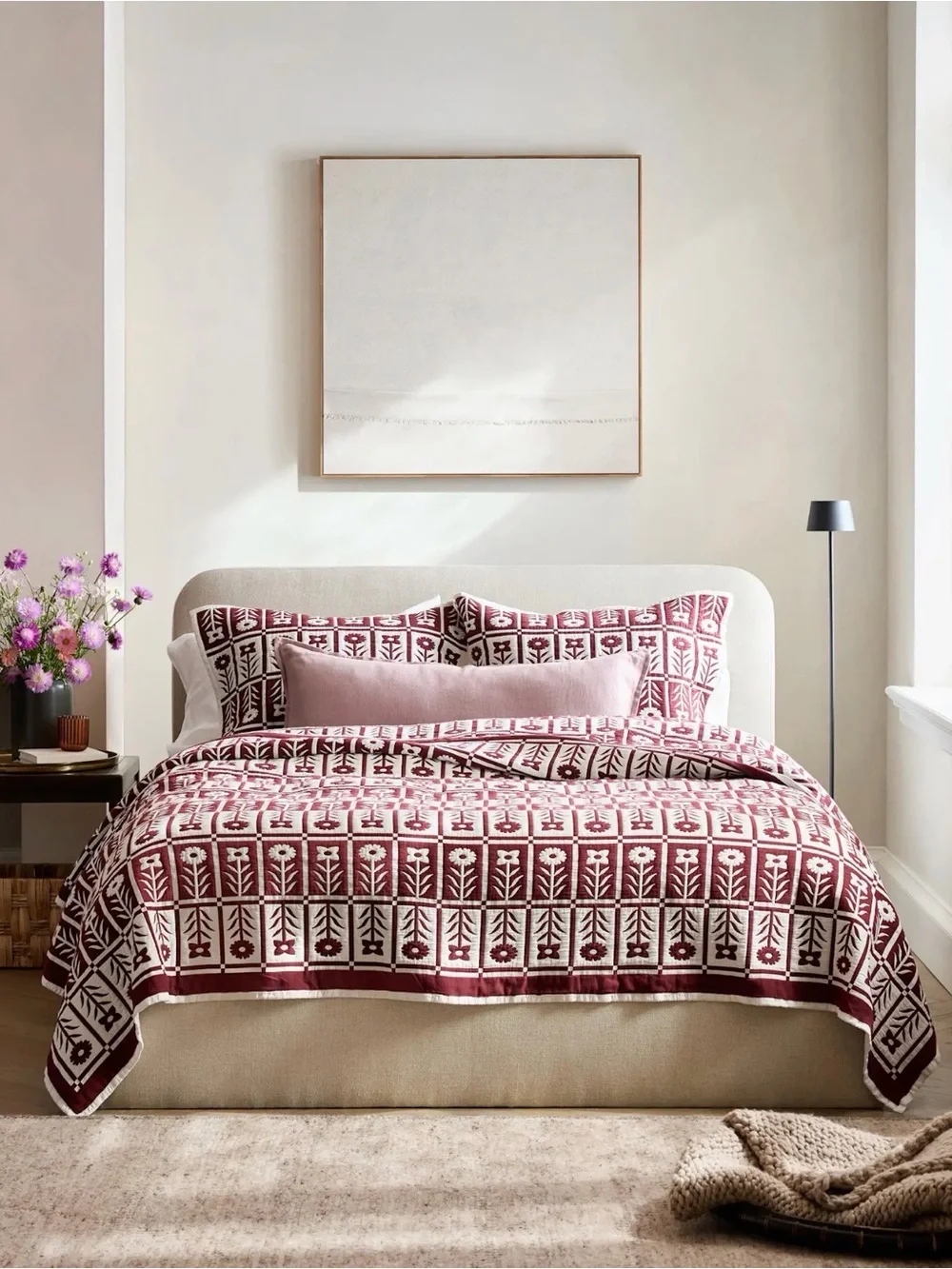 Quince NWOT Organic Cotton Jacquard Floral Coverlet in Burgundy Queen Size 967